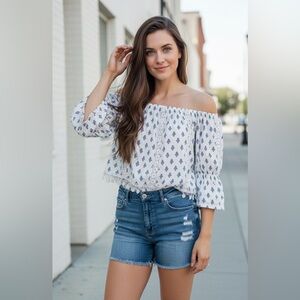 Tularosa Off-Shoulder White and Blue Women's Crop Top
